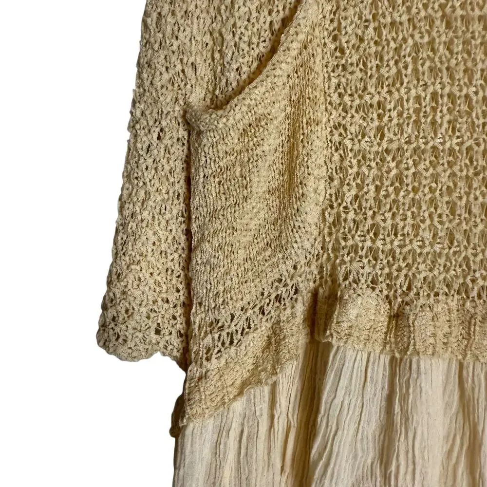 Mes Demoiselles Beige Cream Crochet Crinkle Mixed Media Boho Coastal Tunic Top L